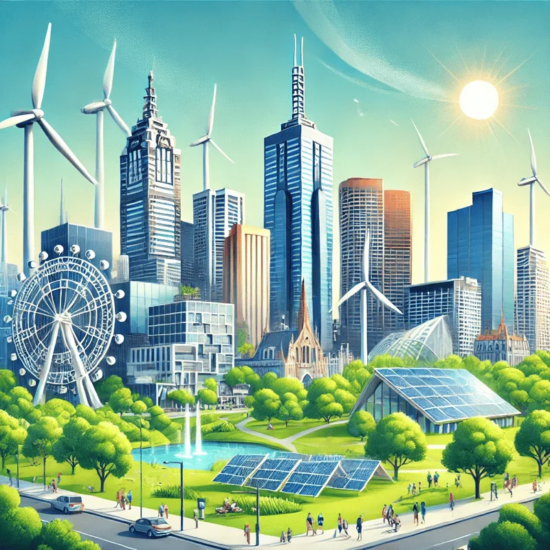 A vibrant cityscape with wind turbines and solar panels highlights a sustainable energy future versus traditional resources.