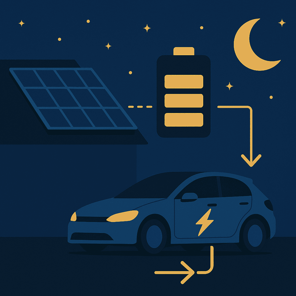 A car charges overnight from a solar panel, highlighting the eco-friendly power of electricity over gas.