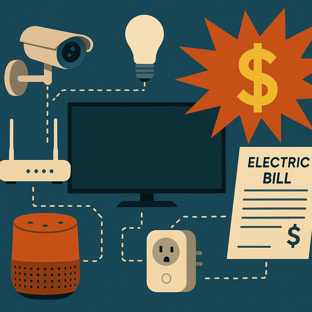 Illustration depicting smart devices and an electric bill, symbolizing comparisons between electricity and internet costs.